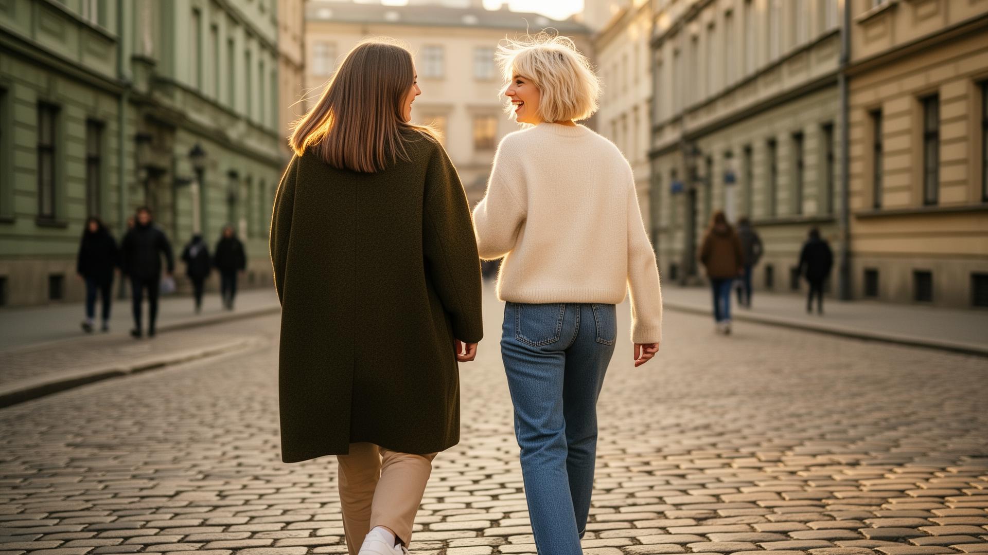 Dwie kobiety spacerujące razem brukowaną ulicą o złotej godzinie